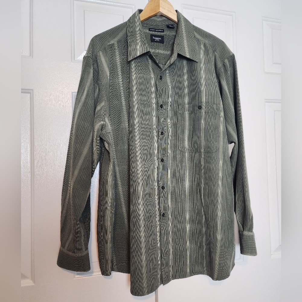 Haggar Luxury Mircofiber Olive Green Men's Button Down Longsleeve Shirt Size XXL